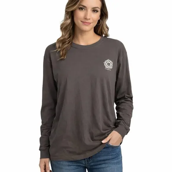 Natural Life Grey 'Be Happy' Long Sleeve T-Shirt Boho 100% Cotton Womens Large - Picture 2 of 7